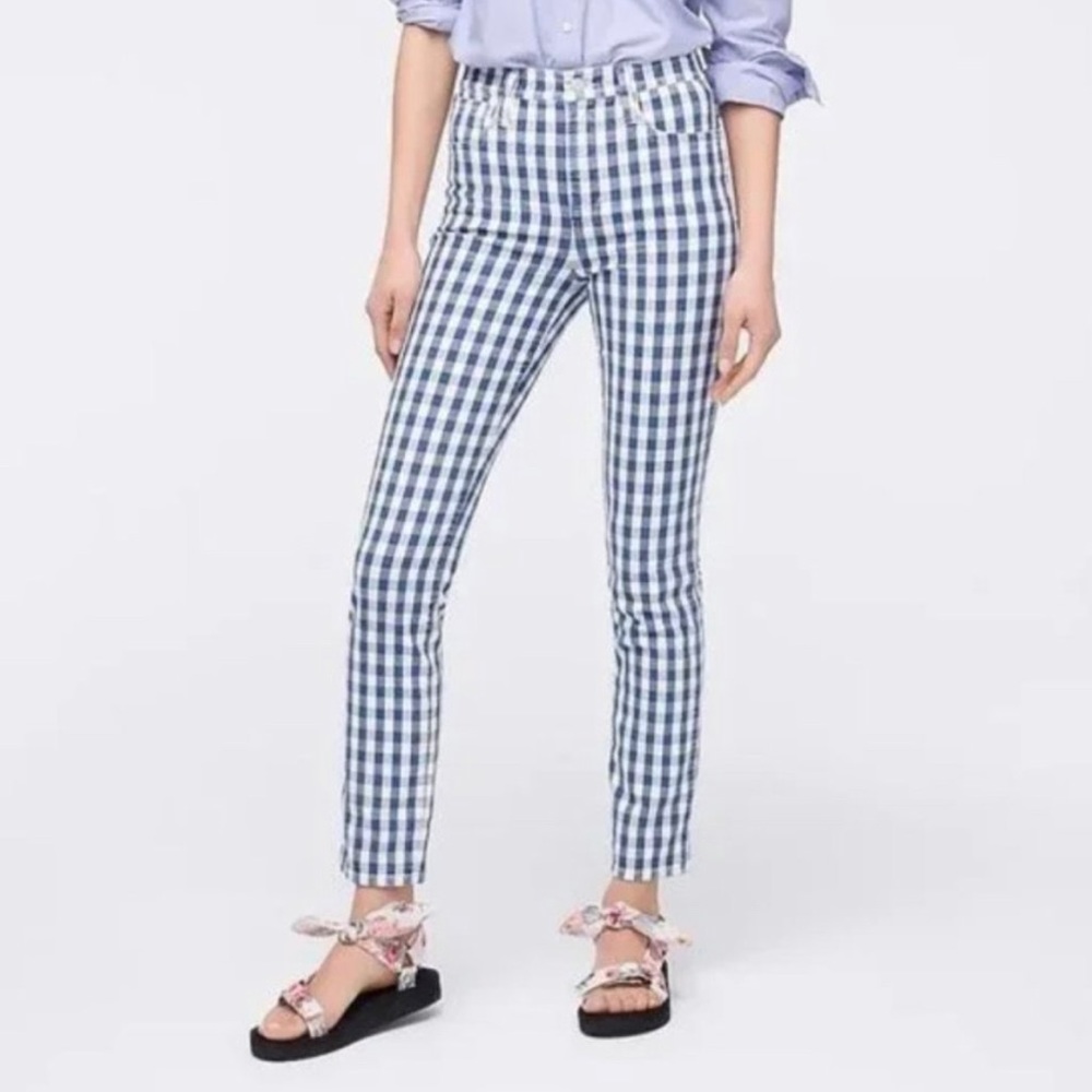 J Crew Womens Pants Gingham Vintage Straight Jeans Crop 32 Blue White High Waist